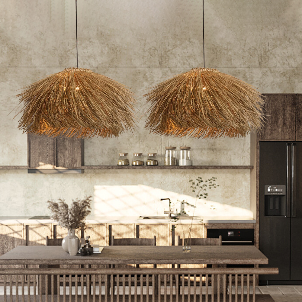 Wabi-sabi Dining Room Rattan Pendant Light Kitchen Grass Chandelier-Handwovenlamp
