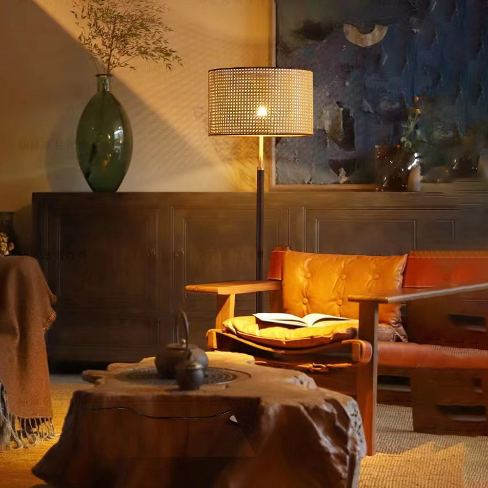 Wabi Sabi Style Living Room Floor Lamp Rattan Retro Personality Wood Art Lamp-Handwovenlamp