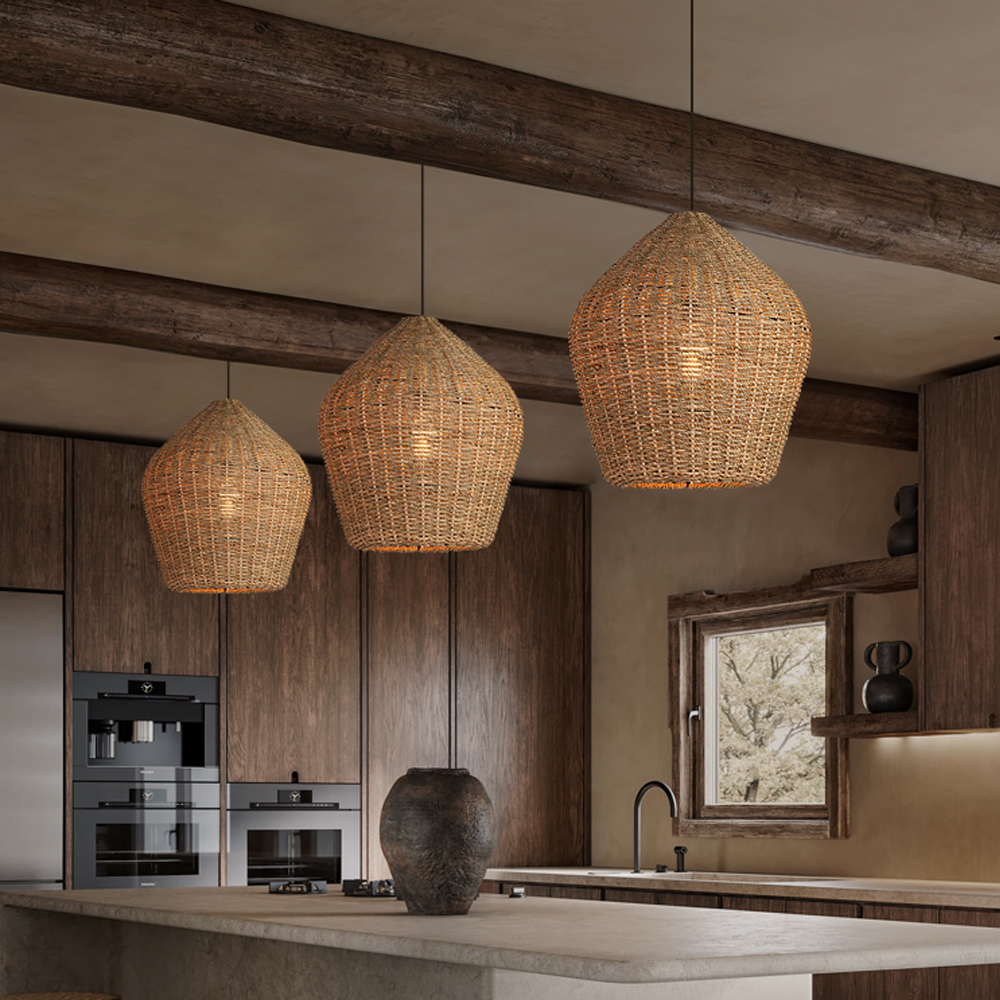 Wabi-sabi Kitchen Island Rattan Pendant Light Retro Grass Chandelier-Handwovenlamp