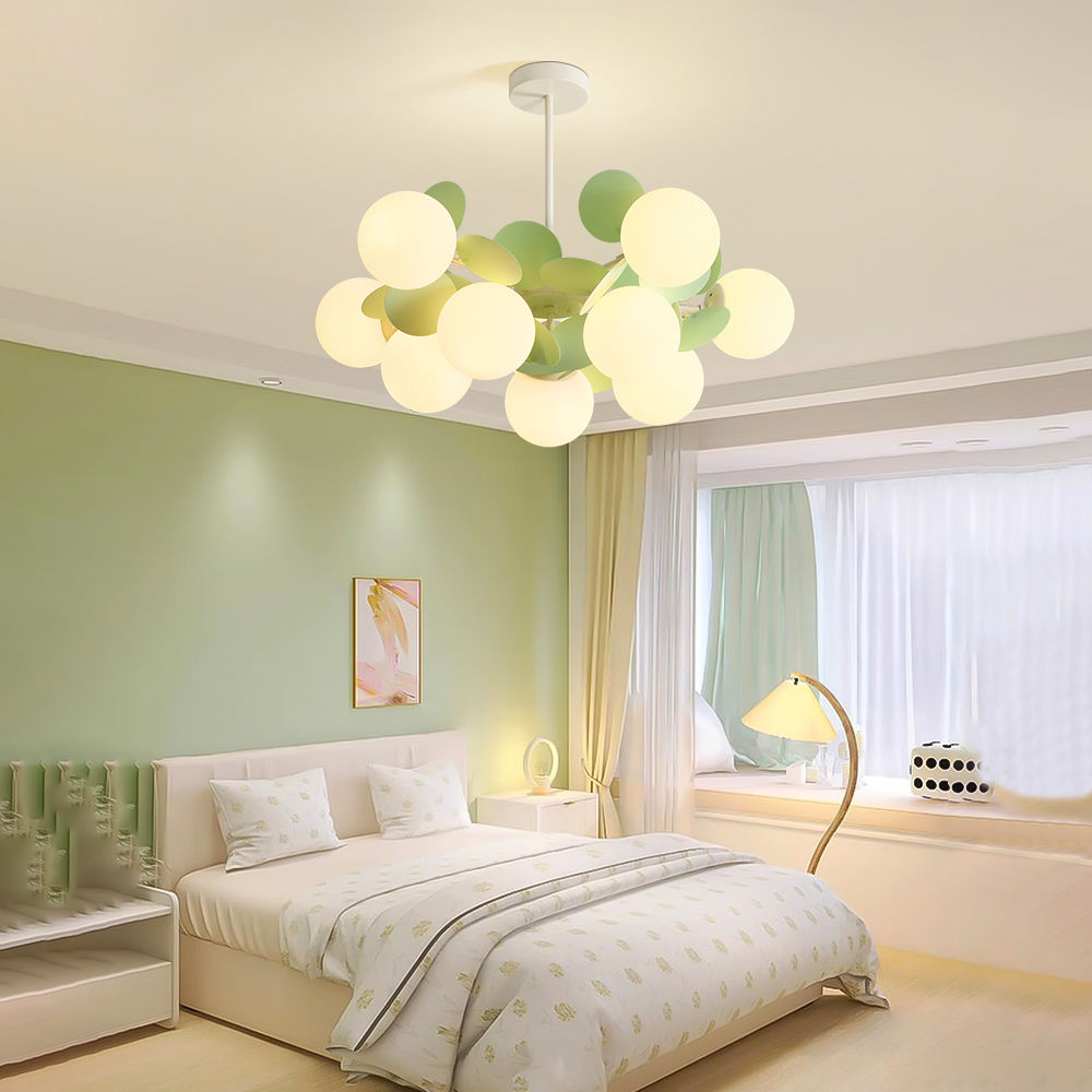 French Cream Style Living Room Glass Pendant Light Modern Green Bubble Chandelier-Handwovenlamp