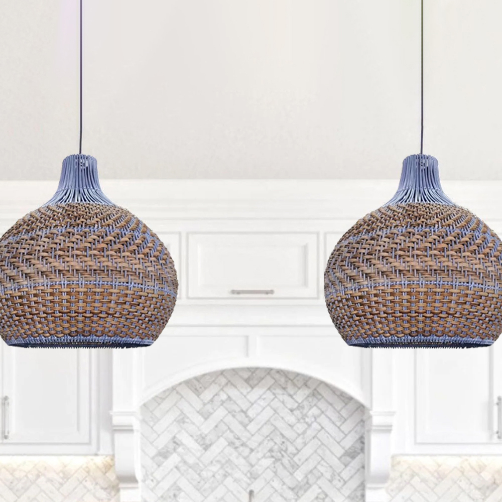 Hamptons Blue Rattan Pendant Light-Handwovenlamp