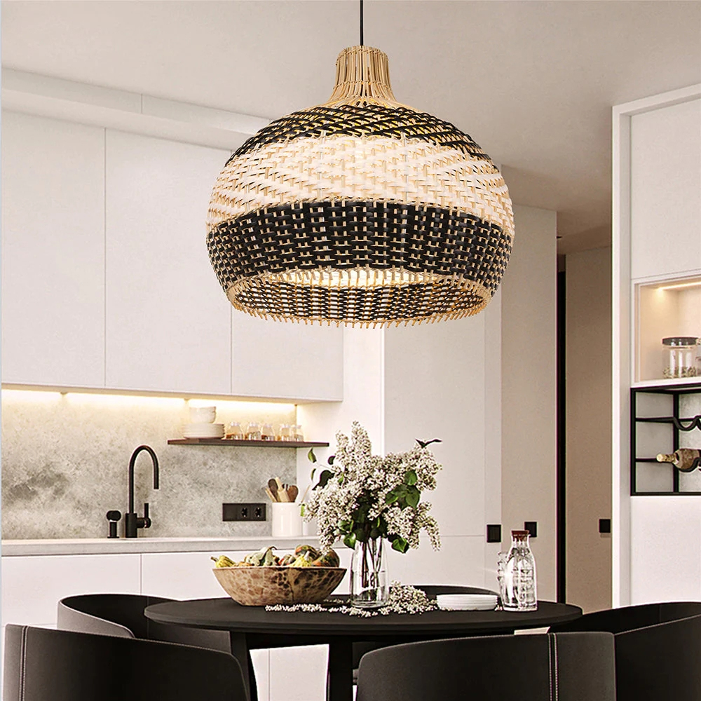 Sophisticated Black and White Rattan Pendant Light Interior Kitchen Island Design-Handwovenlamp