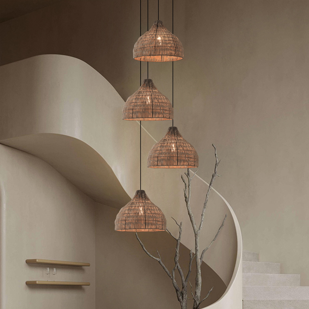 Wabi-sabi Style Stair Chandelier Duplex Loft Villa Rattan Pendant Lamp-Handwovenlamp