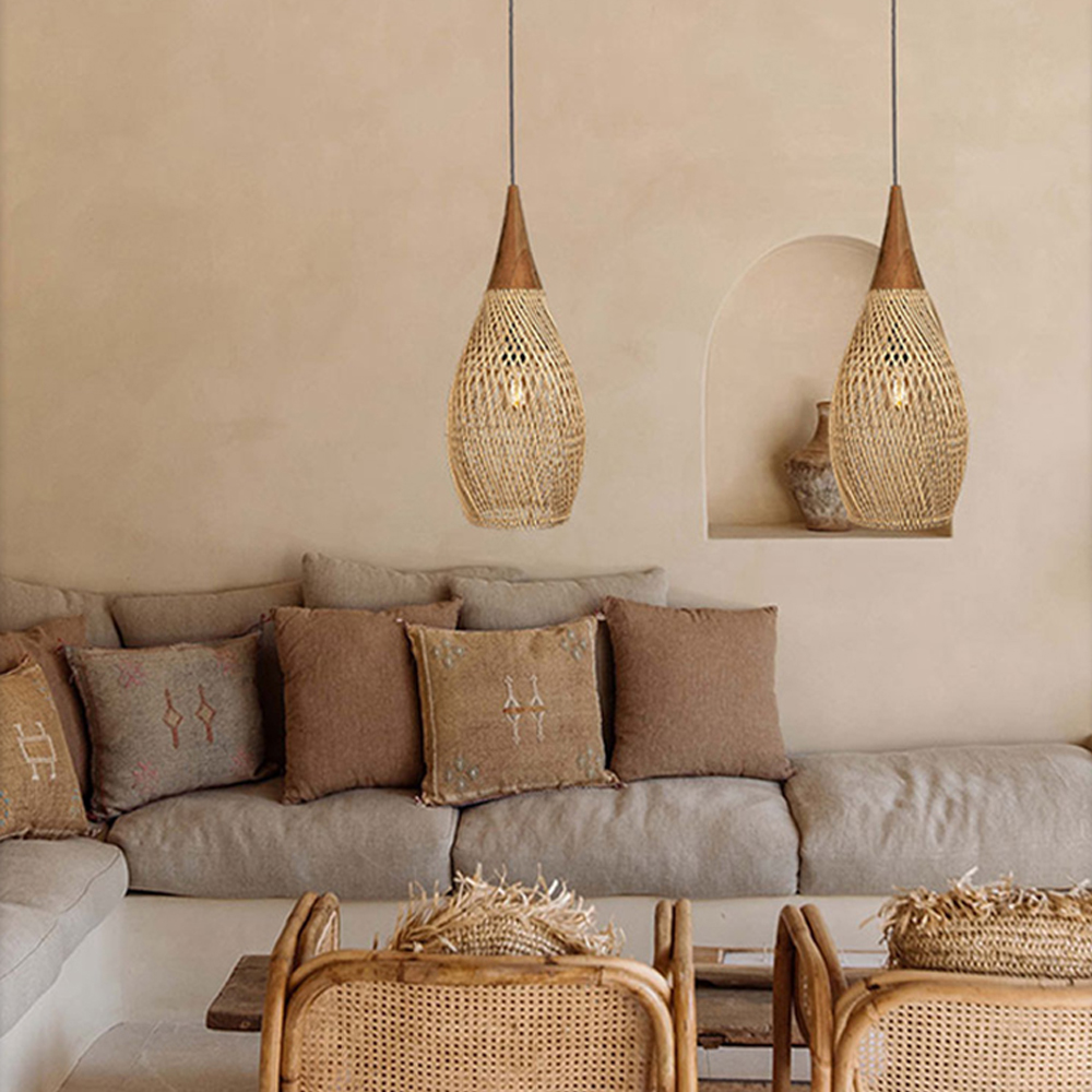 Rattan Wood Hanging Lamp Farmhouse Vintage Living Room Water Drop Chandelier-Handwovenlamp