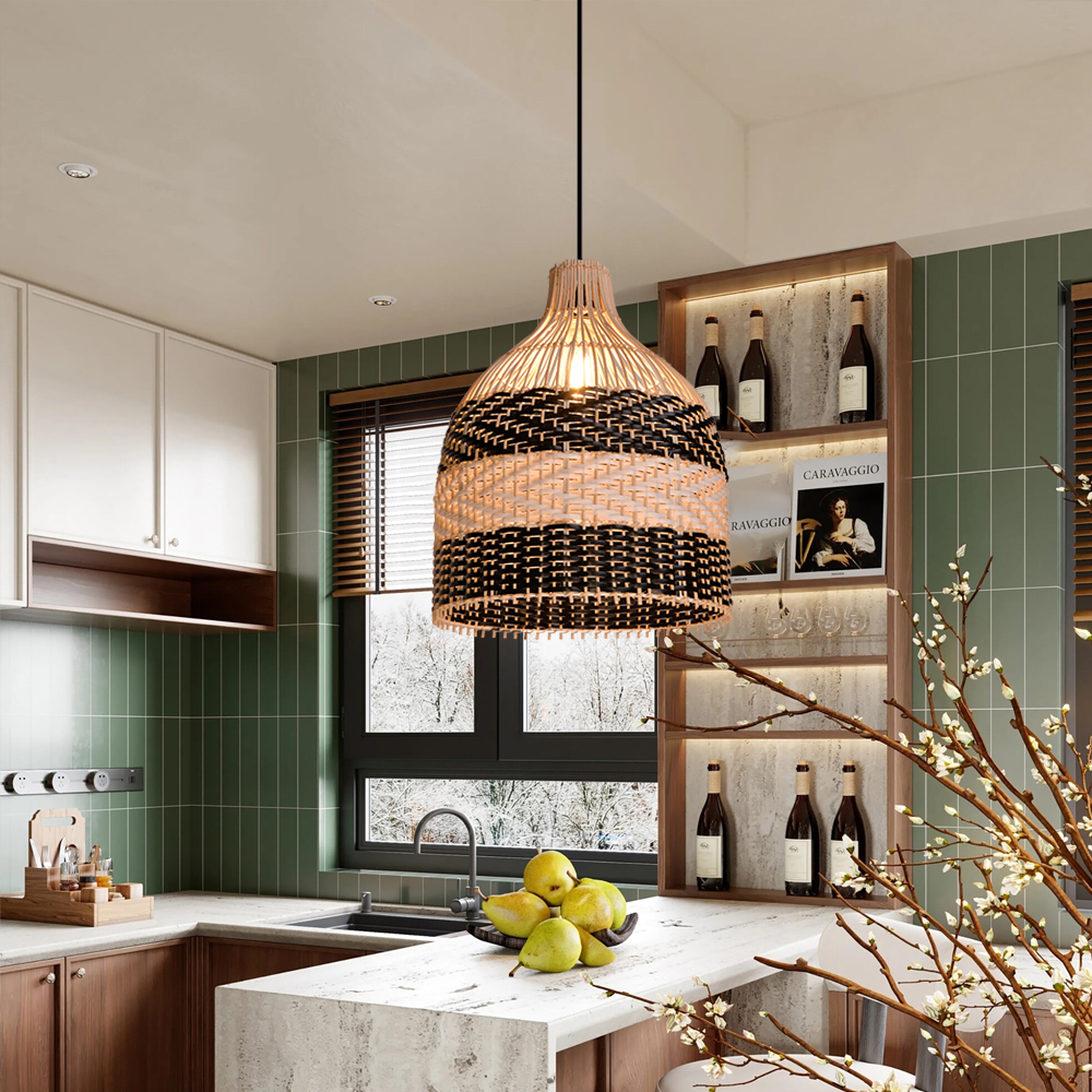 Popular Kitchen Island Decor Pendant Lamp Black White Rattan Lampshade-Handwovenlamp