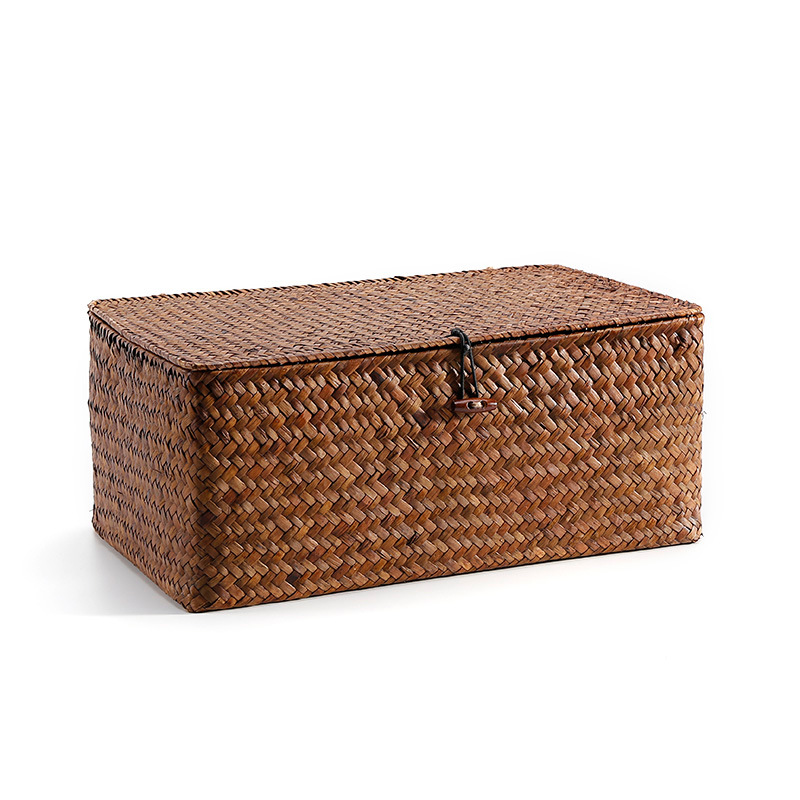 Straw Woven Storage Box Covered Sundries Organizer Ornament Box Storage Basket-Handwovenlamp