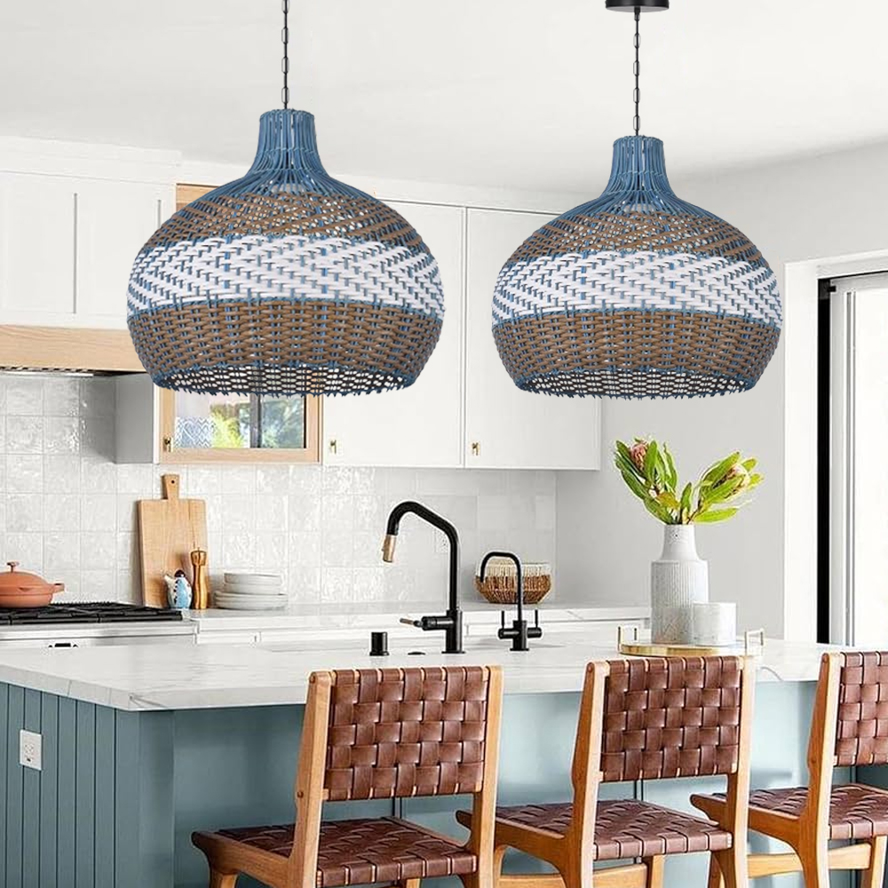 Courtland Blue Rattan Pendant Light Interior Designer Recommended Lamps-Handwovenlamp
