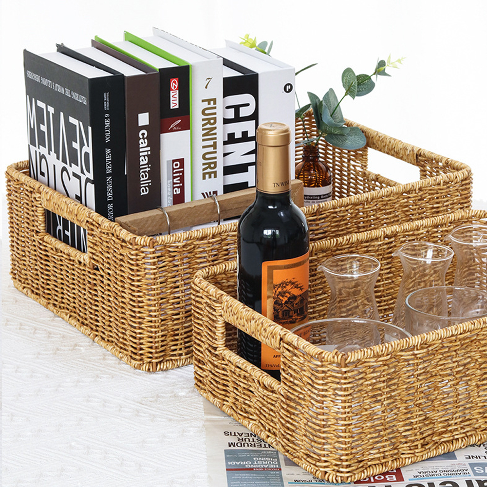 Handmade Rectangle Woven Rattan Tray Basket-Handwovenlamp