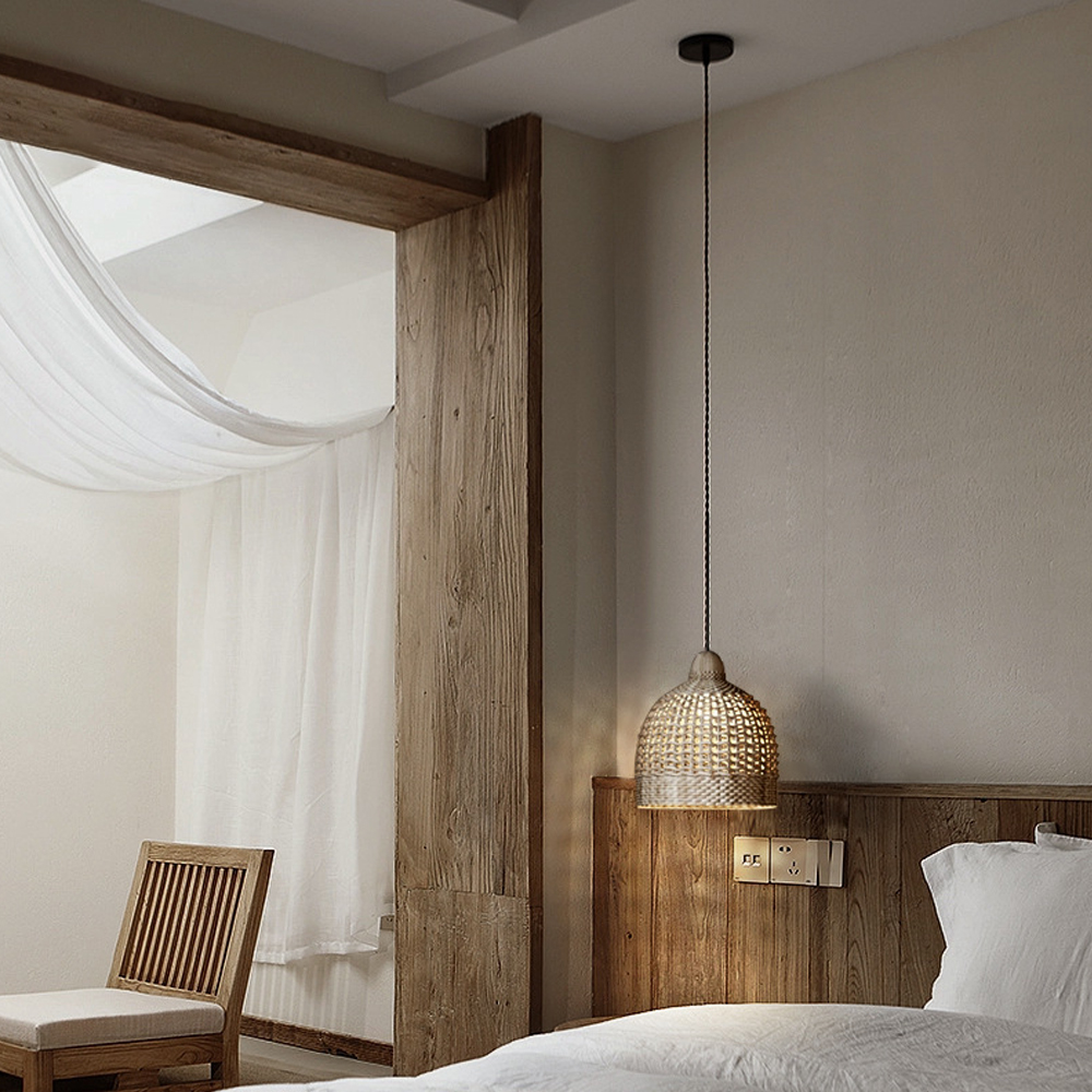 Wabi-sabi Rattan Drum Light Pendant Japanese Retro Bedroom Bedside Chandelier-Handwovenlamp