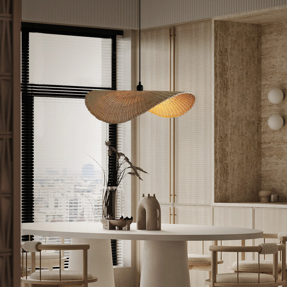 Japanese Rattan Light Pendant Wabi-sabi Retro Straw Hat Chandelier-Handwovenlamp