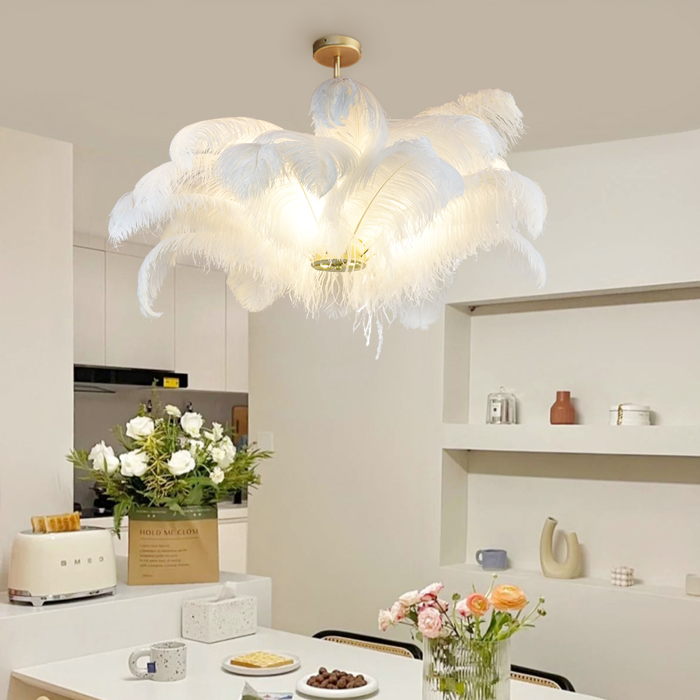 Cream Style Feather Chandelier Living Room Bedroom Girl's Room Ceiling Light-Handwovenlamp