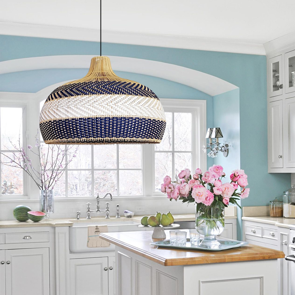 Michael Blue Rattan Pendant Light Kitchen Hanging Light Fixture-Handwovenlamp