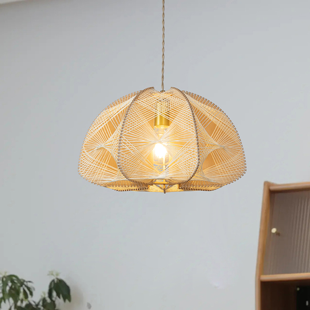 French Vintage Rope Pendant Light Fixture Living Room Wooden Chandelier-Handwovenlamp