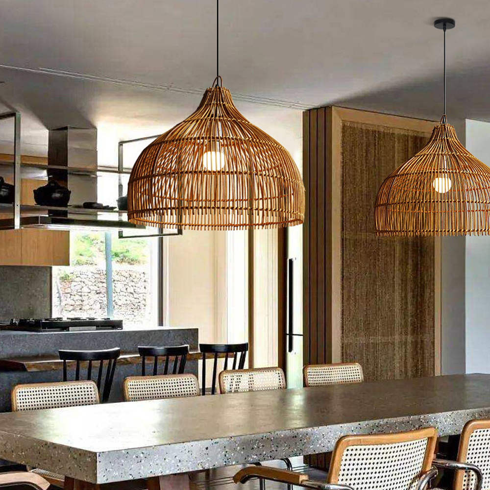 Japanese Rattan Hanging Lamp Simple Hand-woven Dining Room Kitchen Rattan Light Fixture-Handwovenlamp