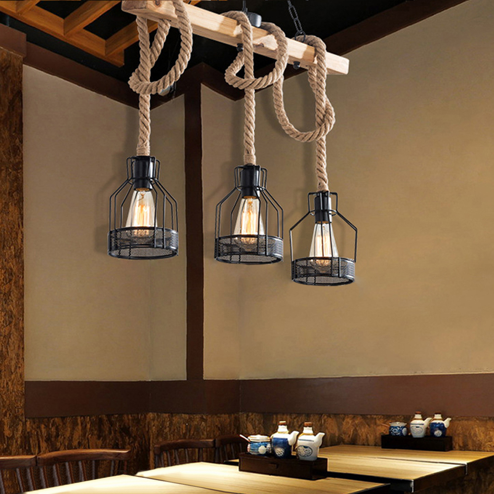 Restaurant Cafe Vintage Hemp Rope Chandelier Industrial Style Lighting Fixtures-Handwovenlamp