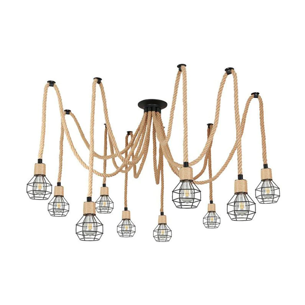 Spherical Cage Rope 6-Lights Brown Pendant Lighting Fixture-Handwovenlamp
