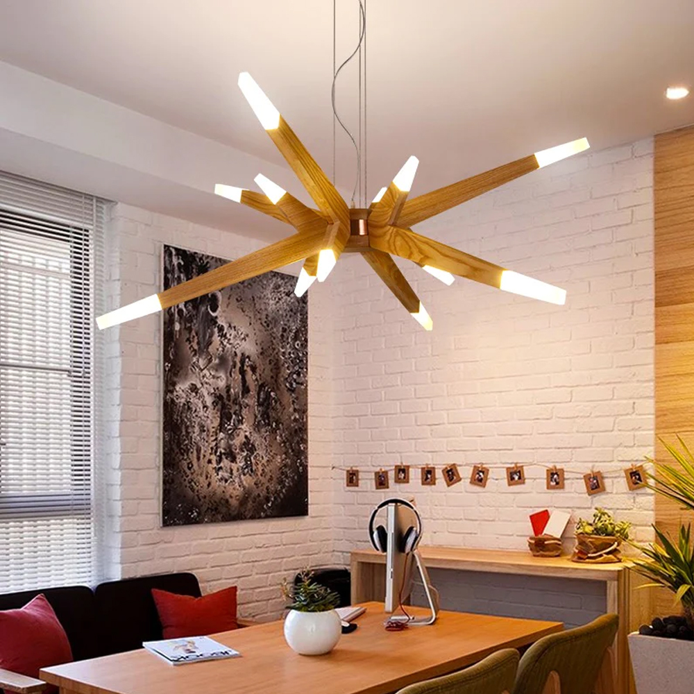 Wood Sputnik Chandelier Contemporary Pendant Light-Handwovenlamp