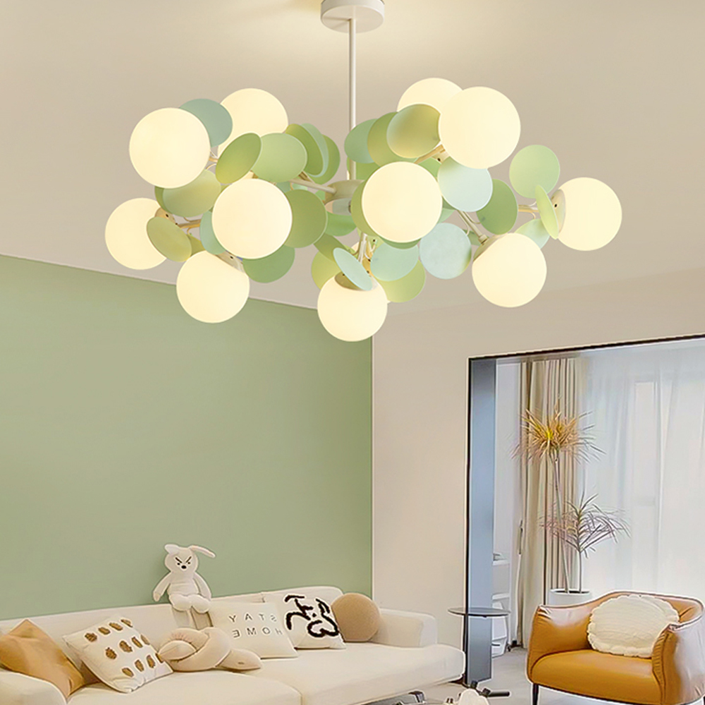 French Cream Style Living Room Glass Pendant Light Modern Green Bubble Chandelier-Handwovenlamp