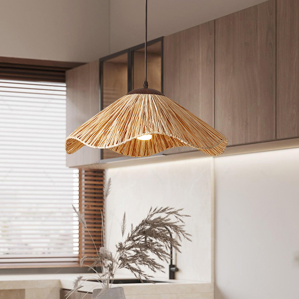 Japanese Creative Straw Hat B&B Woven Rattan Pendant Light Wabi-sabi style Hemp Rope Lamp Shade-Handwovenlamp