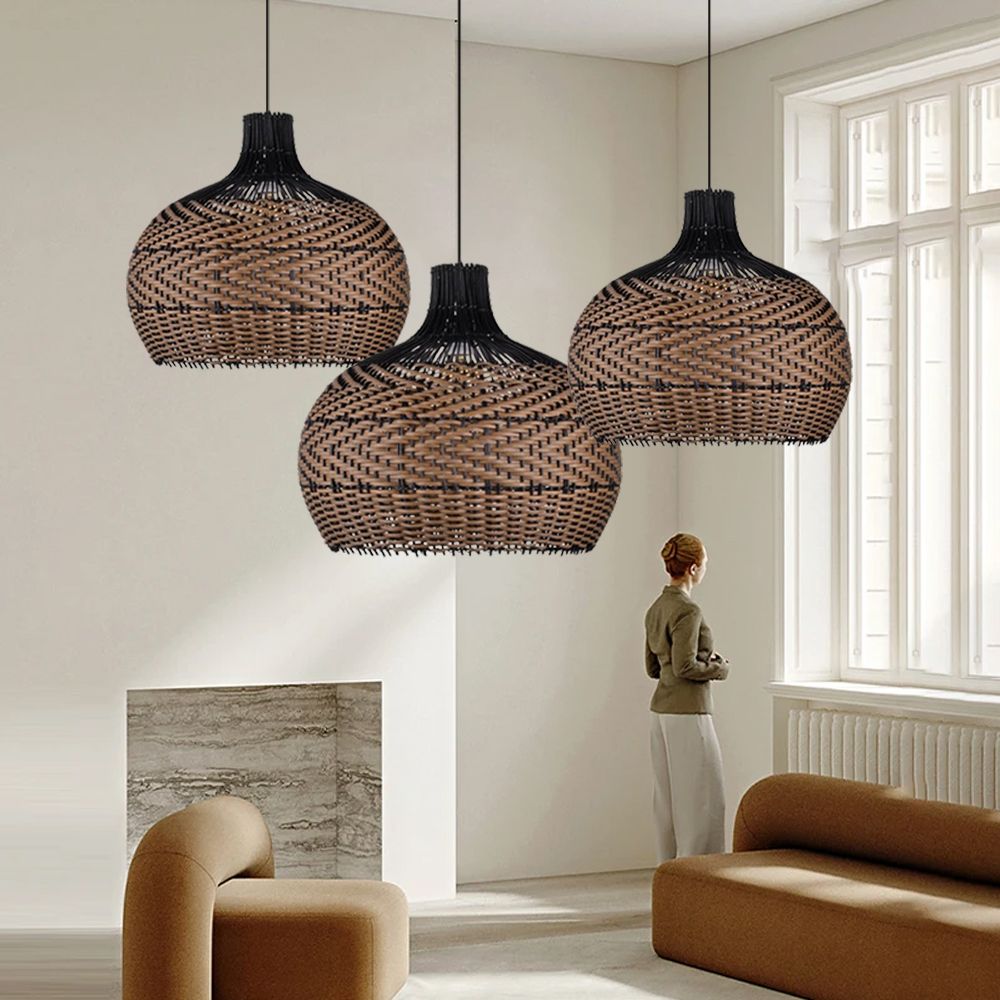 Black Rattan Hanging Lamp Fixture Wabi Sabi Farmhouse Retro Dining Room Chandelier-Handwovenlamp