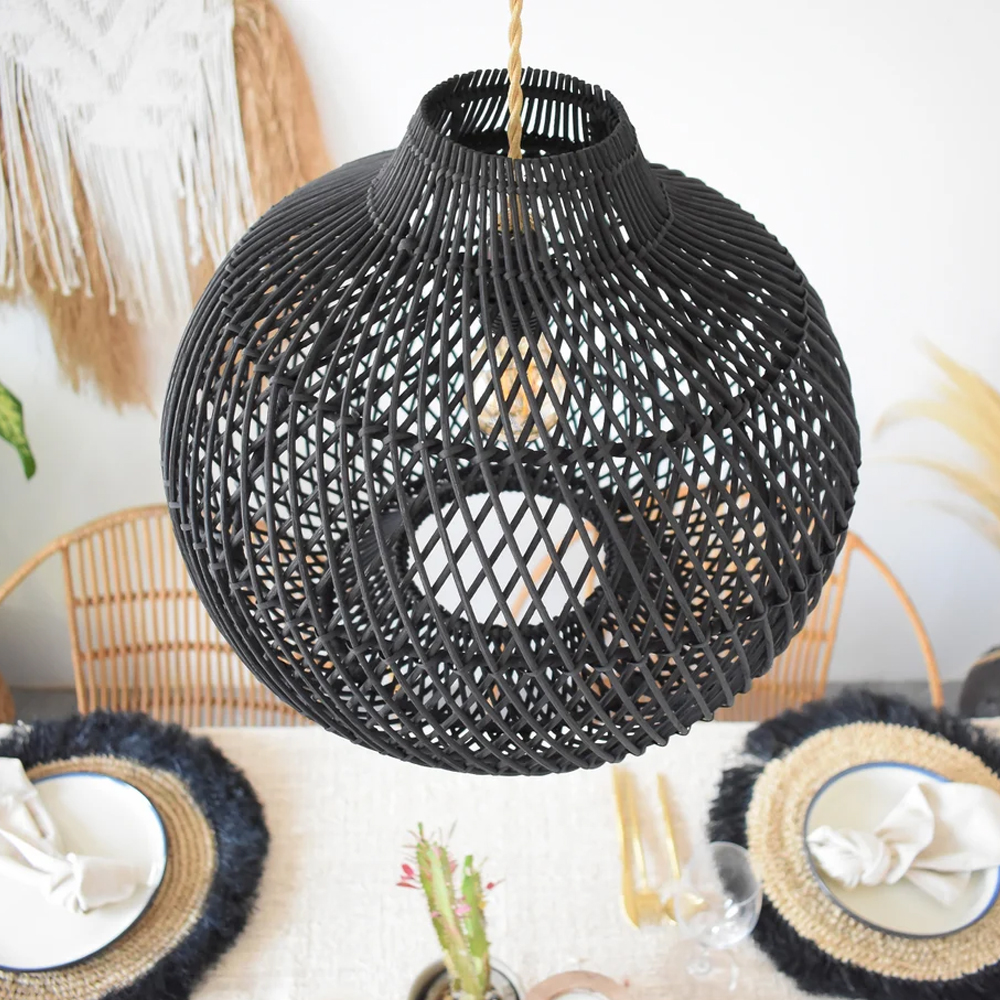Boho Black Pendant Light Handmade Wicker Rattan Lampshade-Handwovenlamp