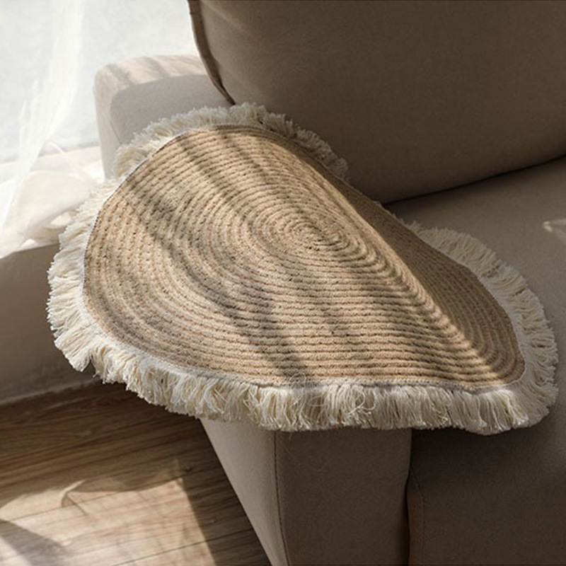 Nordic jute braided tassel floor mat rope balcony floor-to-ceiling window carpet-Handwovenlamp