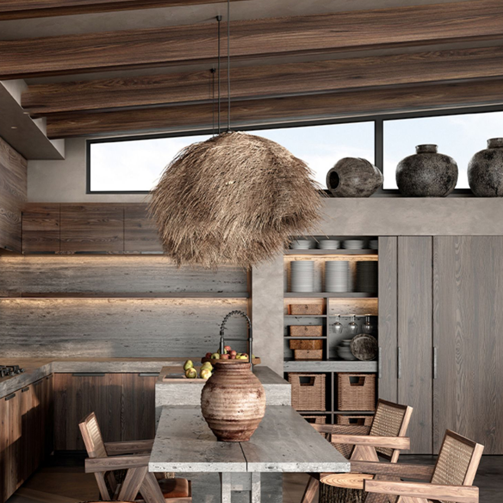 Raffia Hand-woven Lamps Wabi Sabi Living Room Vintage Rattan Pendant Shade-Handwovenlamp