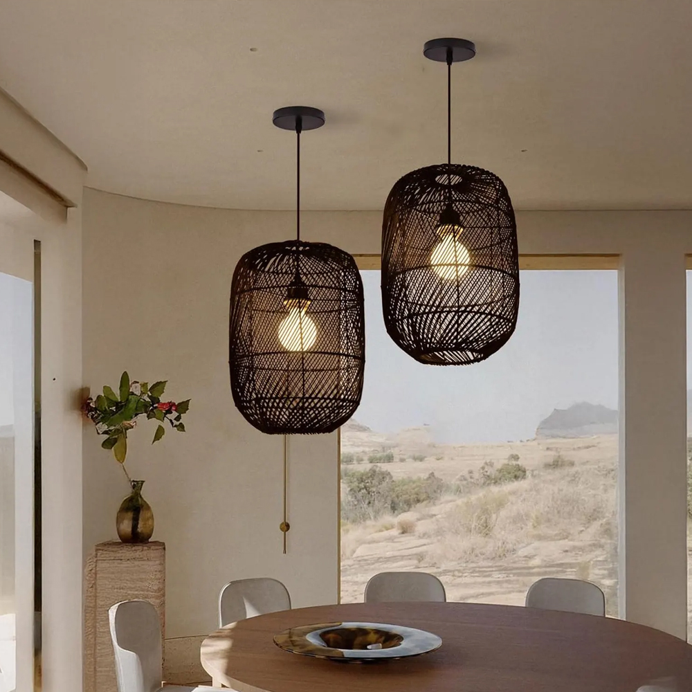 Handcrafted Kitchen Black Pendant Lampshade Beautiful Farmhouse Rattan Chandelier-Handwovenlamp