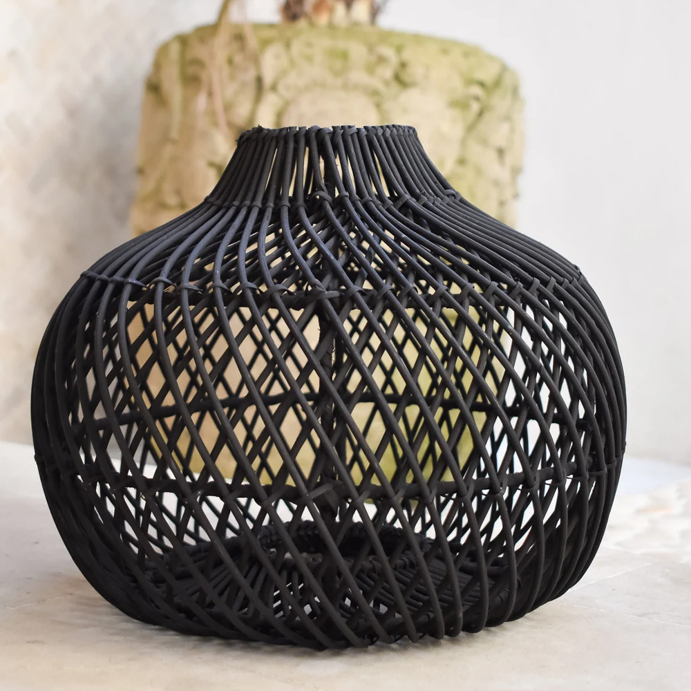 Boho Black Pendant Light Handmade Wicker Rattan Lampshade-Handwovenlamp