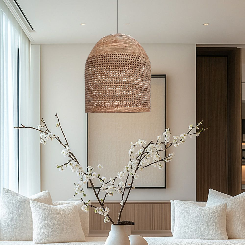 Hand-knitted Rattan Pendant Light Modern Scandinavian Bell Shape Kitchen Island Lighting-Handwovenlamp