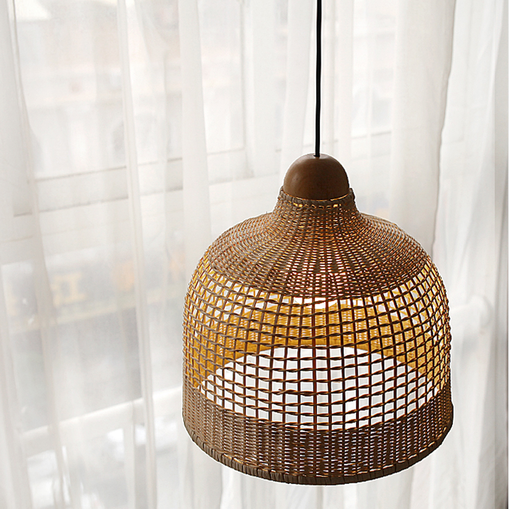 Wabi-sabi Rattan Drum Light Pendant Japanese Retro Bedroom Bedside Chandelier-Handwovenlamp