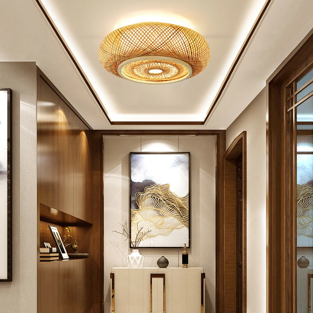 Japanese Style Flush Mount Bamboo Ceiling Light For Living Room-Handwovenlamp