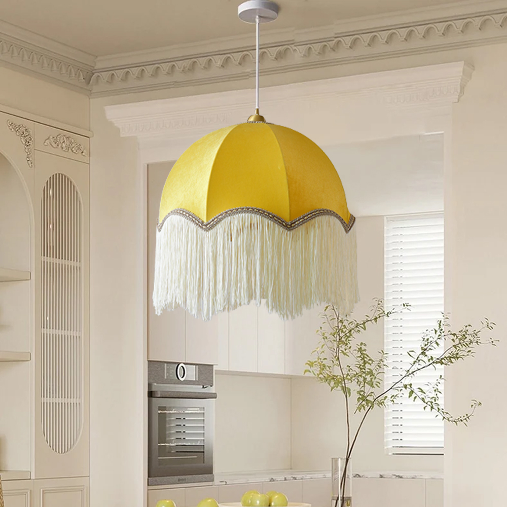 Boho Room Decorative Tassel Chandelier Modern Elegant Lemon Yellow Fabric Pendant Lights-Handwovenlamp