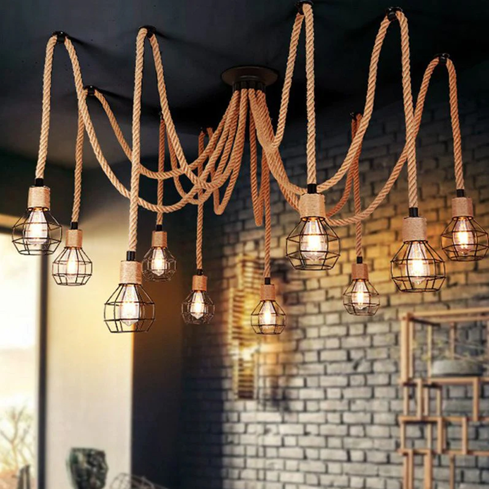 Spherical Cage Rope 6-Lights Brown Pendant Lighting Fixture-Handwovenlamp