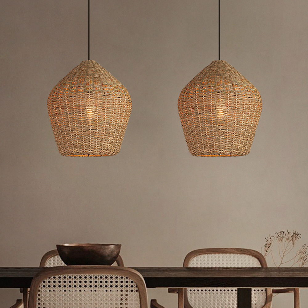 Wabi-sabi Kitchen Island Rattan Pendant Light Retro Grass Chandelier-Handwovenlamp