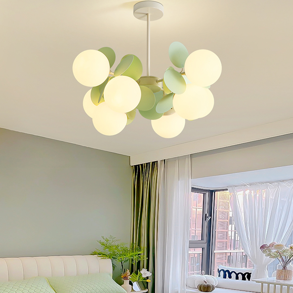 French Cream Style Living Room Glass Pendant Light Modern Green Bubble Chandelier-Handwovenlamp