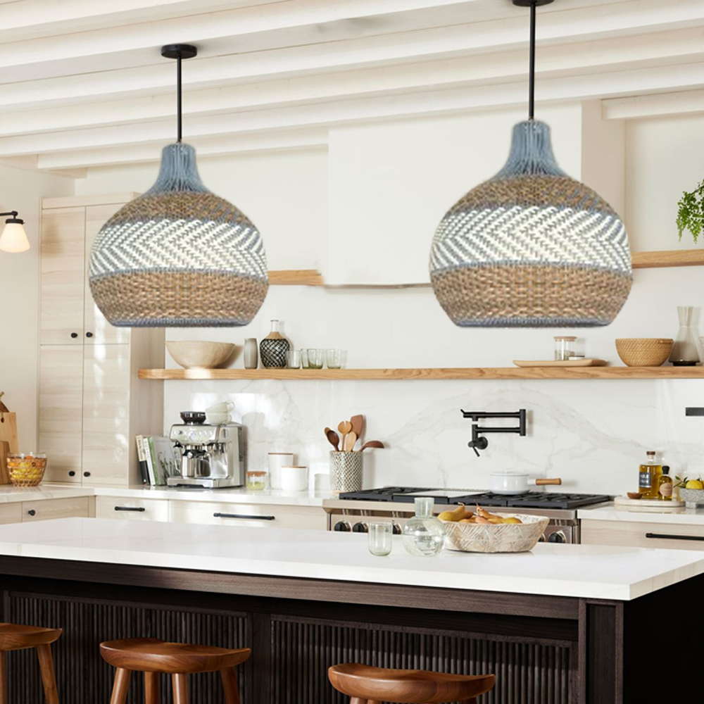 Handmade Kitchen Island Rattan Pendant Light Restaurant Blue Chandelier-Handwovenlamp