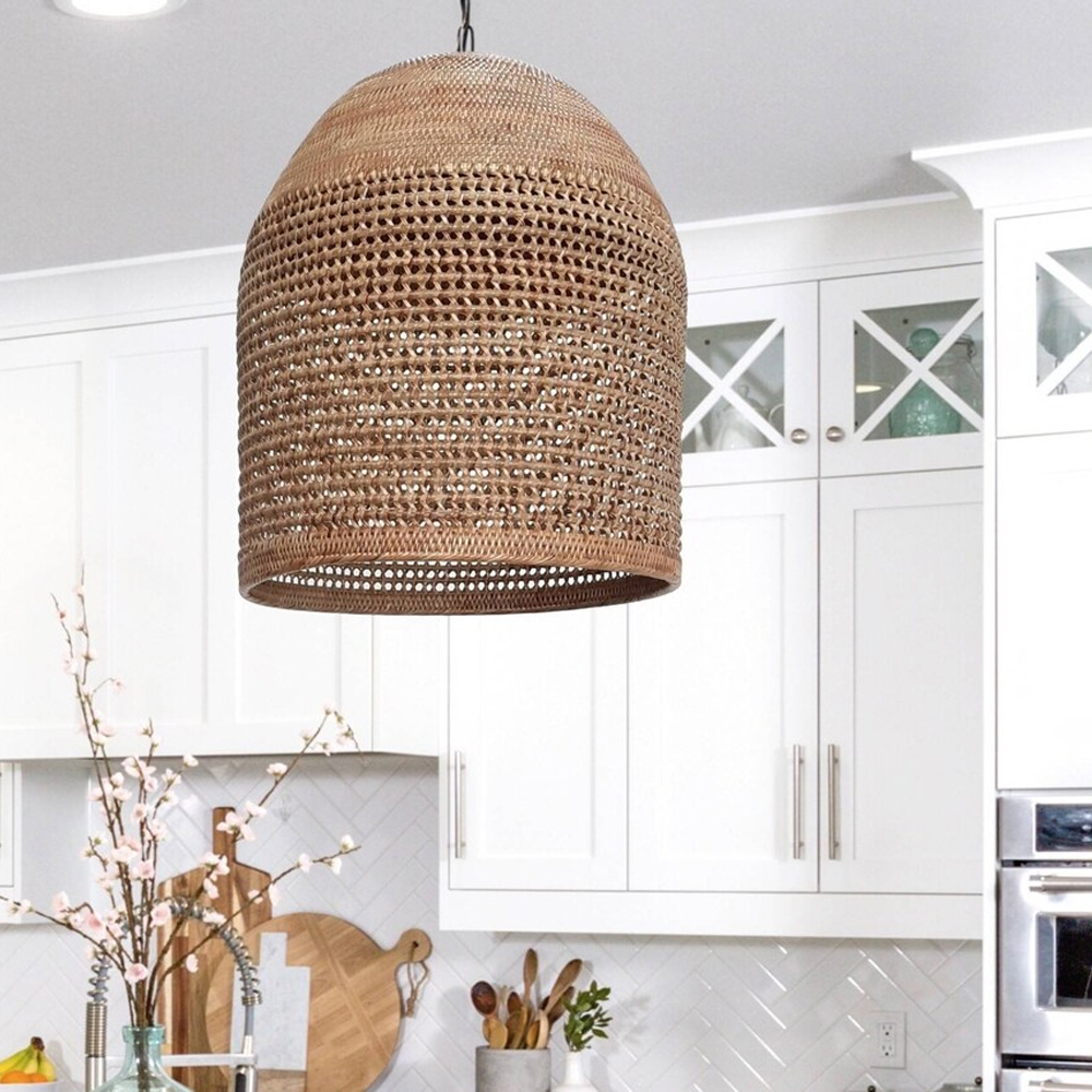 Hand-knitted Rattan Pendant Light Modern Scandinavian Bell Shape Kitchen Island Lighting-Handwovenlamp
