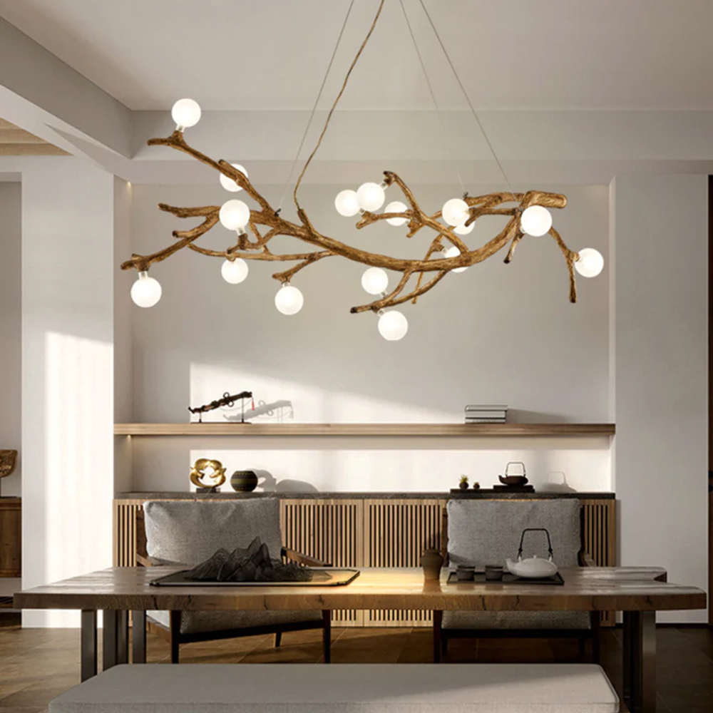 Nordic Rustic Tree Branch Hanging Chandelier with Bubble Glass lighting-Handwovenlamp
