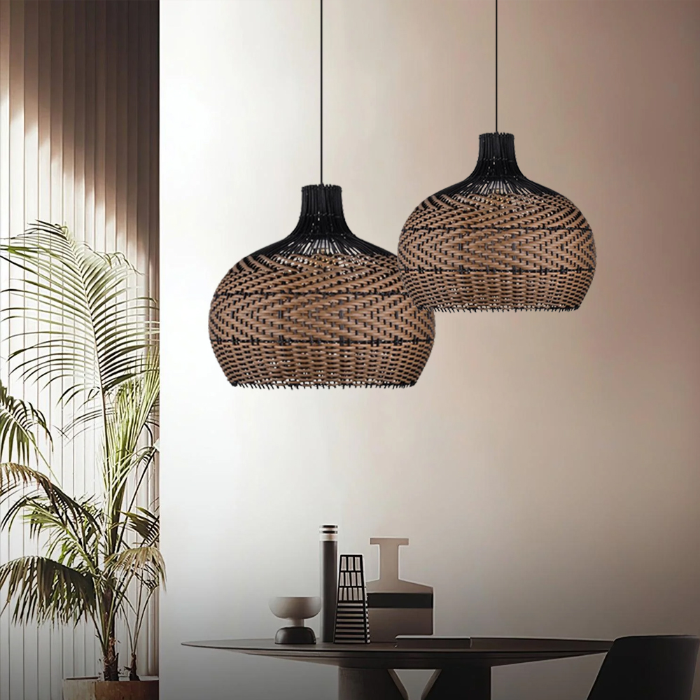 Black Rattan Hanging Lamp Fixture Wabi Sabi Farmhouse Retro Dining Room Chandelier-Handwovenlamp