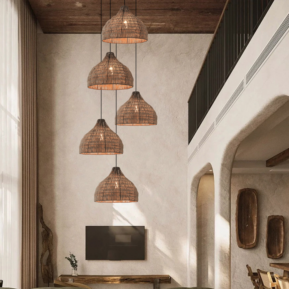 Wabi-sabi Style Stair Chandelier Duplex Loft Villa Rattan Pendant Lamp-Handwovenlamp