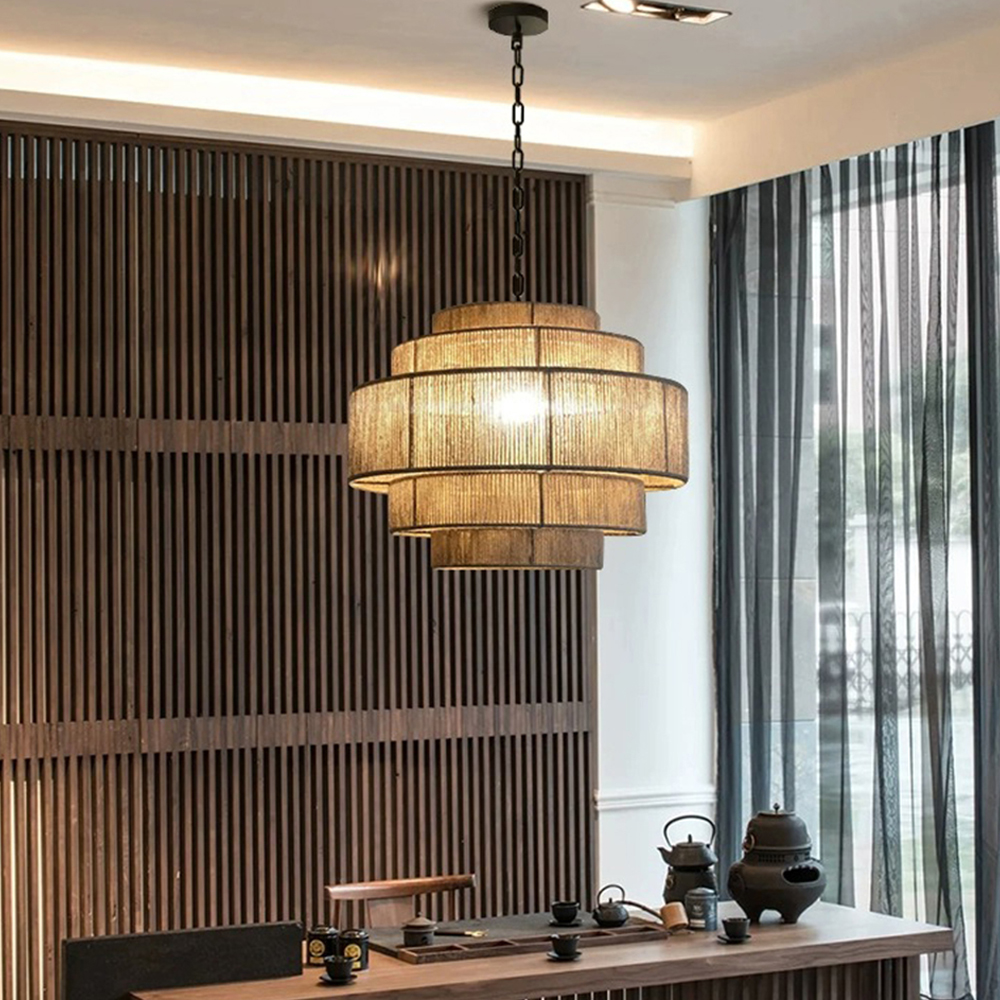 Japanese Chandelier Wabi-sabi Living Room Hemp Rope Pendant Light Southeast Asian lamps-Handwovenlamp
