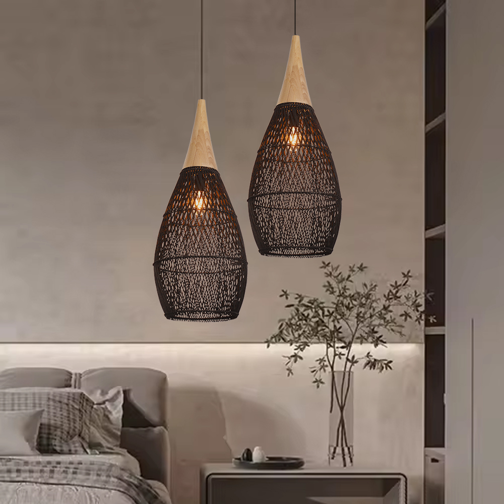 Rattan Wood Hanging Lamp Farmhouse Vintage Living Room Water Drop Chandelier-Handwovenlamp