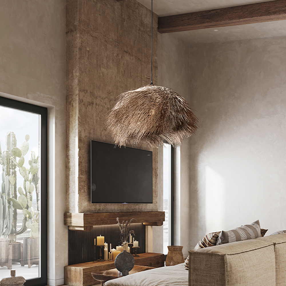 Raffia Hand-woven Lamps Wabi Sabi Living Room Vintage Rattan Pendant Shade-Handwovenlamp