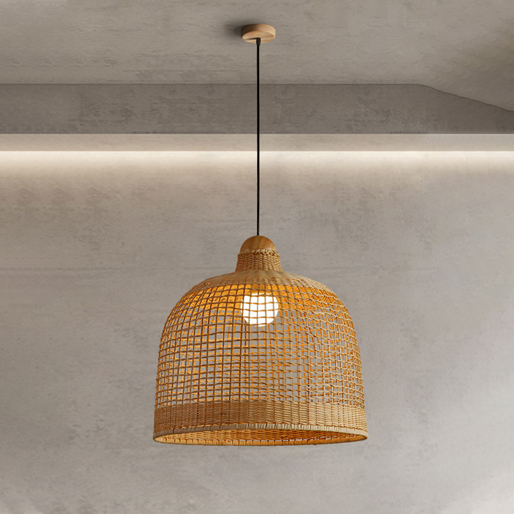 Wabi-sabi Rattan Drum Light Pendant Japanese Retro Bedroom Bedside Chandelier-Handwovenlamp