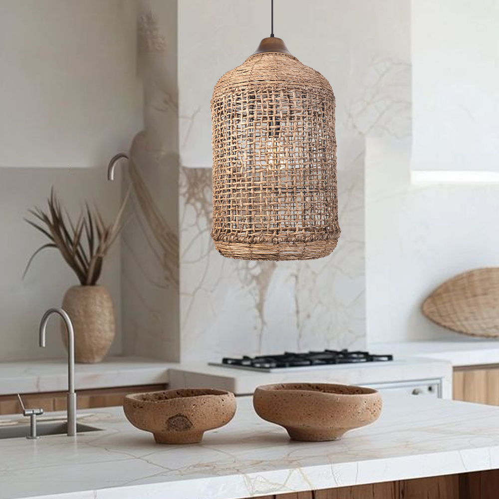 Oversize Wabi-sabi Kitchen Island Light Large Rattan Pendant Light Fixtures
