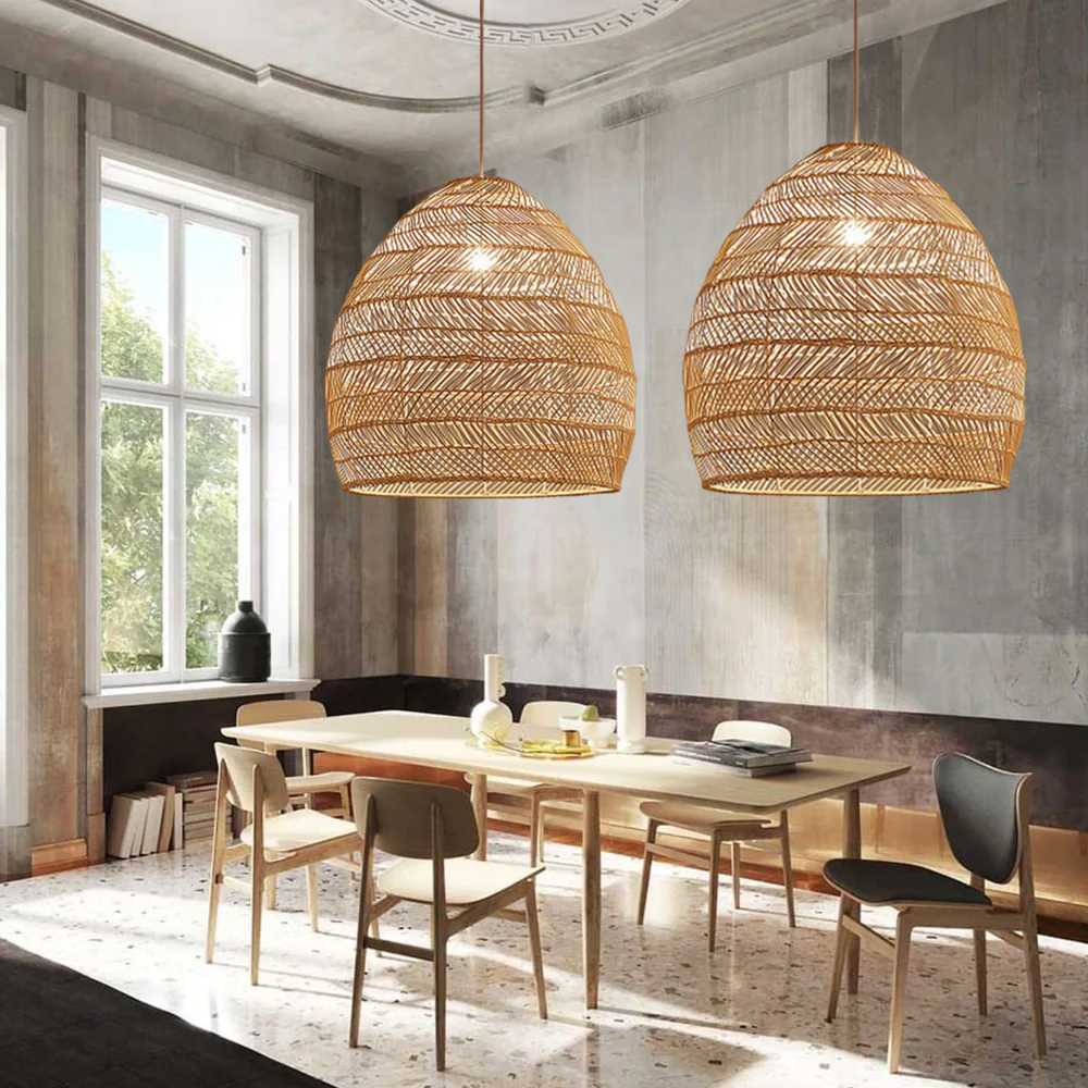 Boho Kitchen Island Lighting DIY Natural Rattan Chandelier Lamp Shades-Handwovenlamp