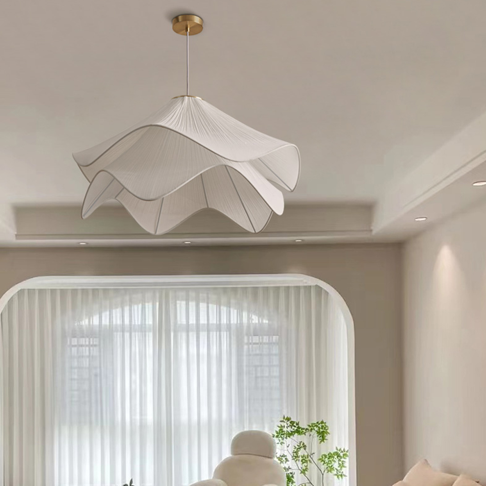 Simple Anna White Fabric Pendant Light French Living Room Flower Petal Chandelier-Handwovenlamp