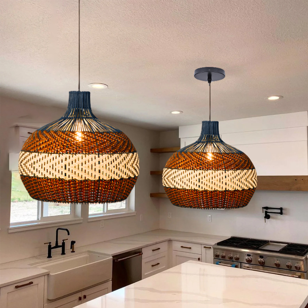 Handmade Kitchen Island Rattan Pendant Light Restaurant Blue Chandelier-Handwovenlamp