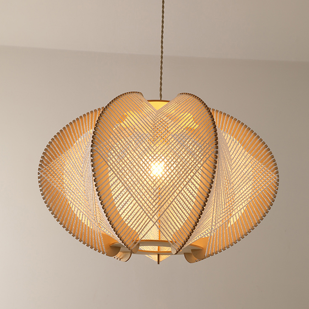 Wabi Sabi Scandinavian Wooden Pendant Lights Mid Century  Rope Chandelier-Handwovenlamp